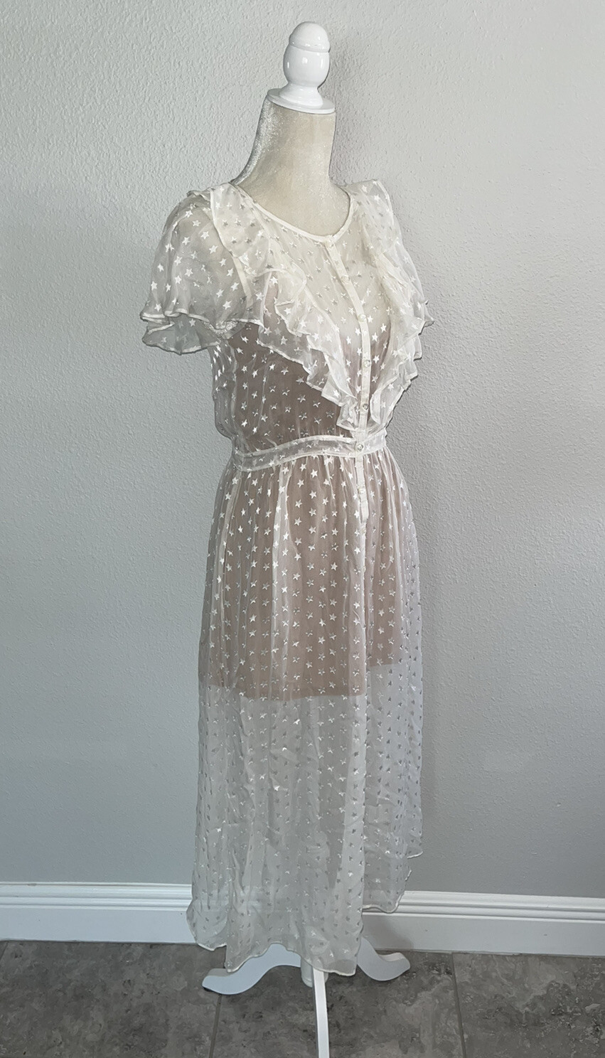 FOR LOVE AND LEMONS Firecracker Button Ruffle Midi Dress Cream Sheer Star S New
