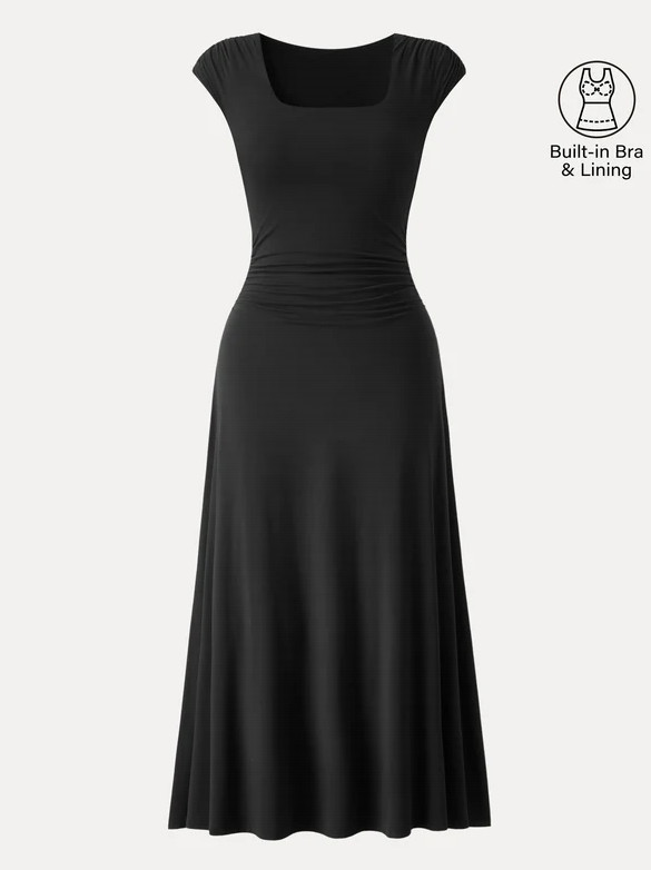 OGL SkinKiss Cooling Square Neck Ruched Midi Bra Dress, Black (NEW)