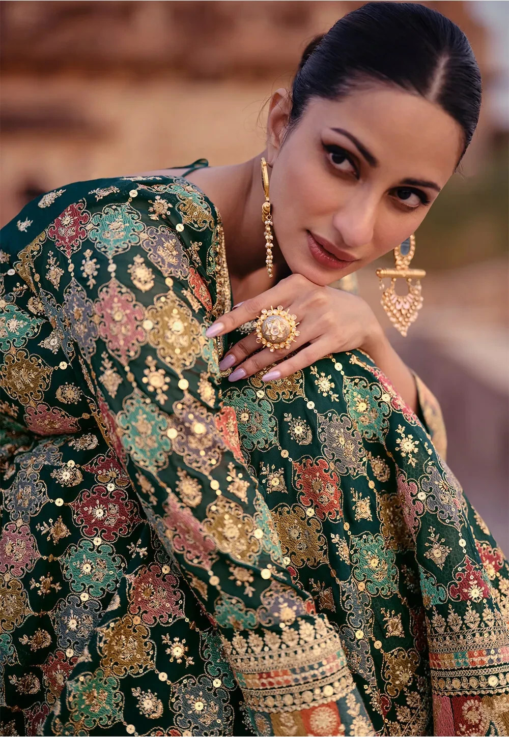 Embroidered Georgette Gown in Dark Teal Green Made in India perfect for weddings