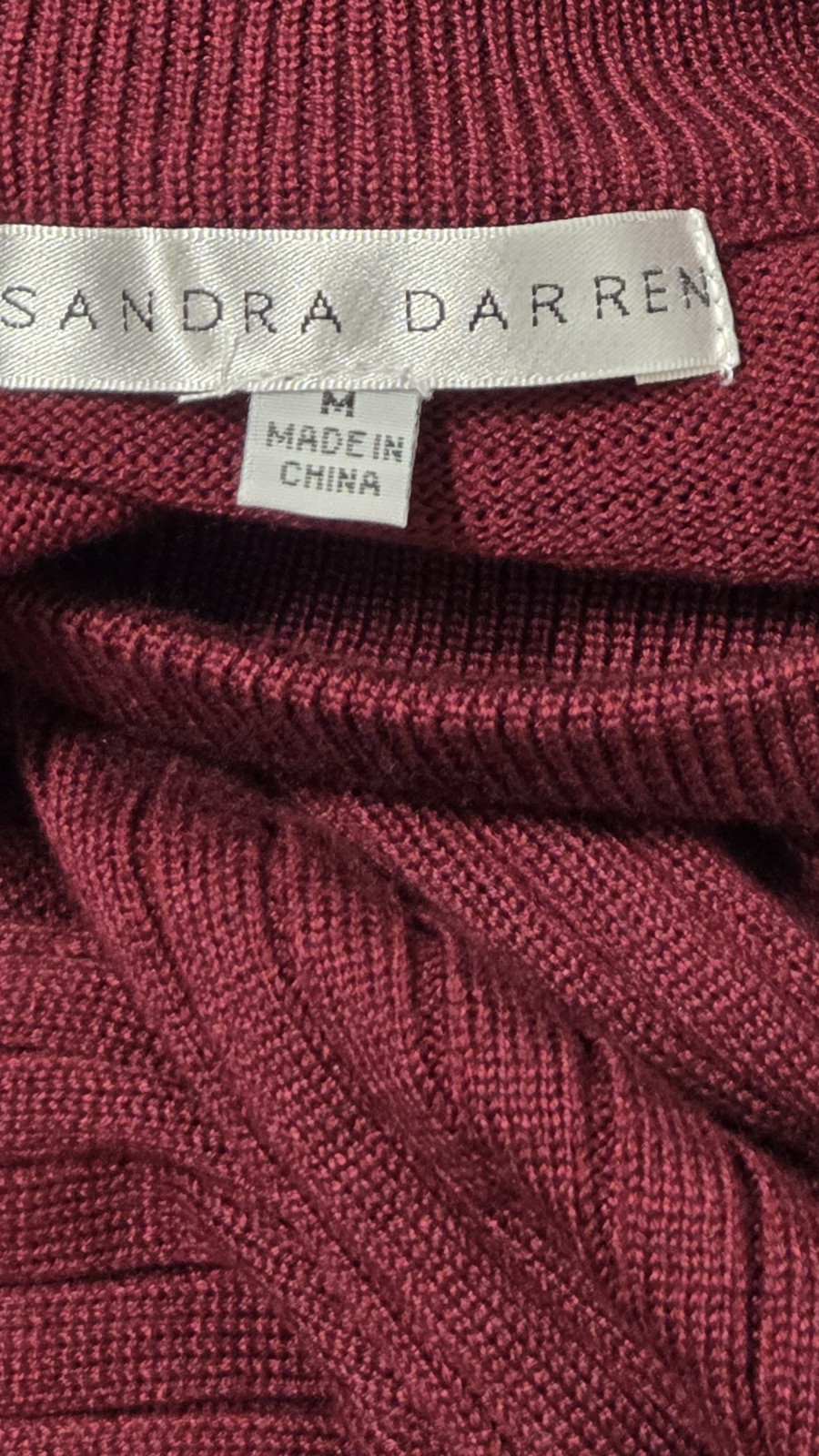 Sandra Darren Sweater Dress – Burgundy Mock Neck A-Line Midi Pleated Skirt – M