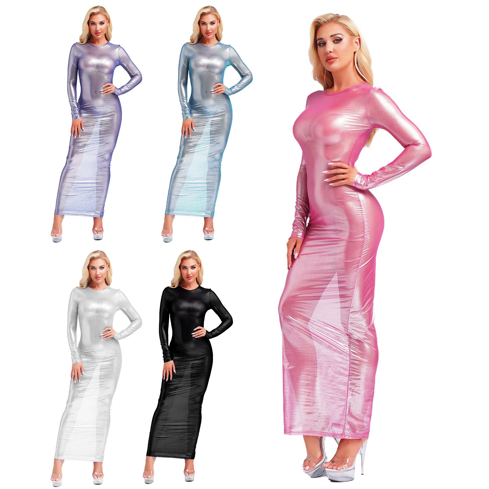 US YiZYiF Women Shiny See Through Long Sleeve Tights Maxi Dress Party Nightclub