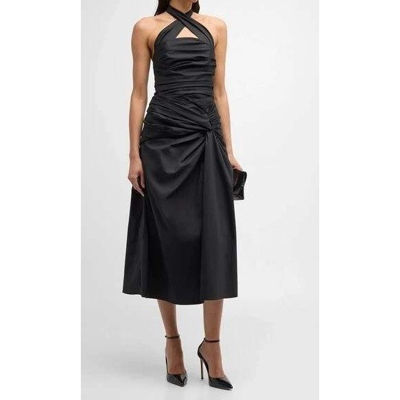 Carolina Herrera Black Halter Neck Midi Ruched Party Dress Size 10 TP01