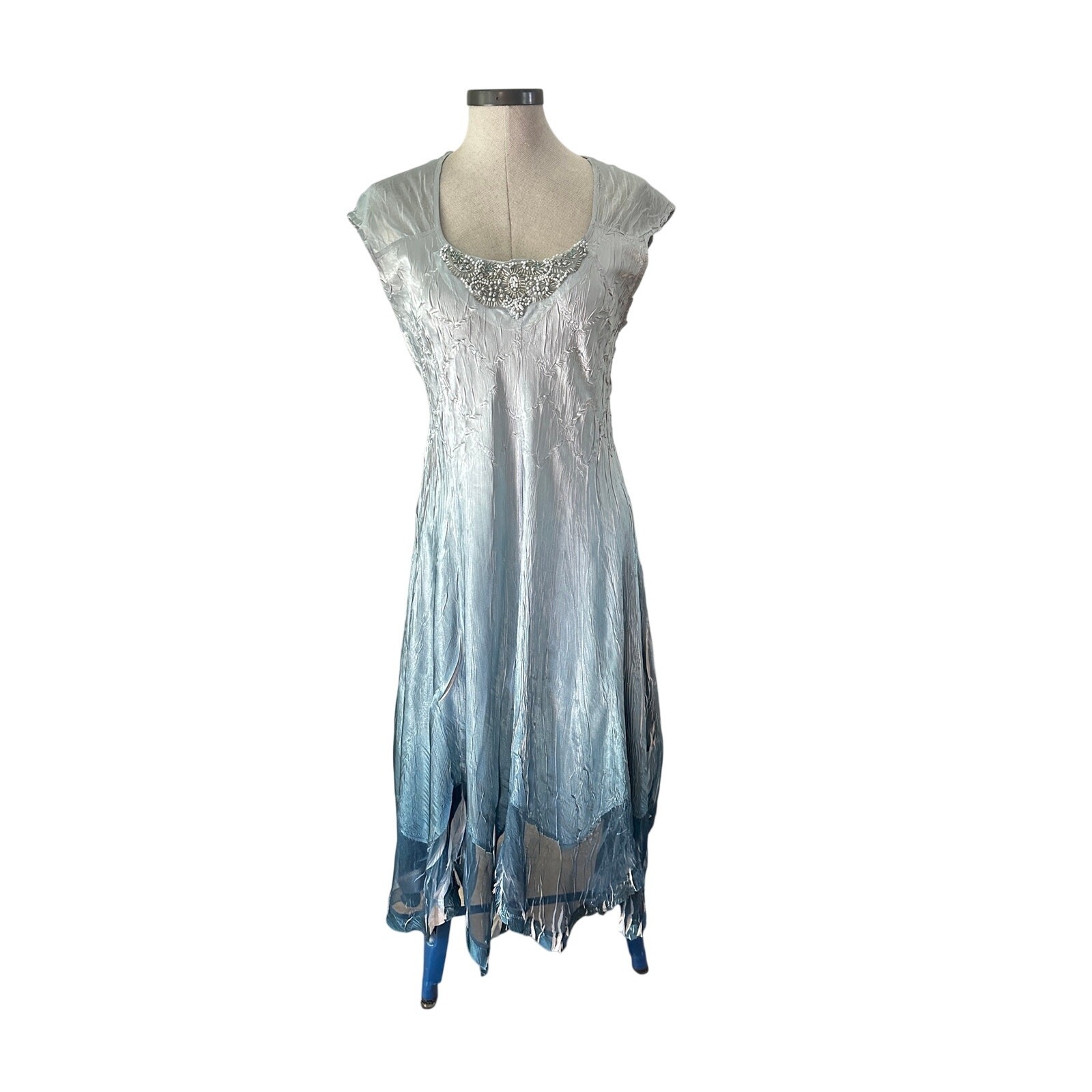 Komarov Crinkle Chiffon Dress Blue Gray Beaded Handkerchief Hem Fairycore Size L