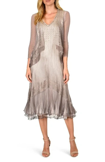 NEW, Komarov Beaded Charmeuse & Chiffon Tiered Dress with Jacket Sz M #MD2173
