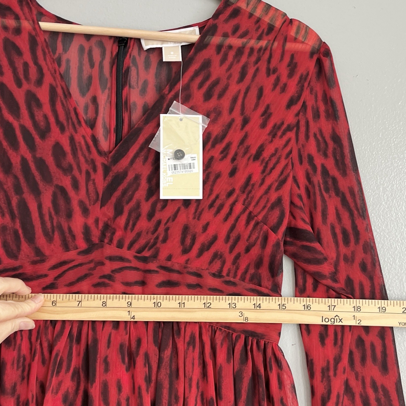 Michael Kors Leopard Print Georgette Mini Dress Red Blaze Long Sleeve 8 NWT