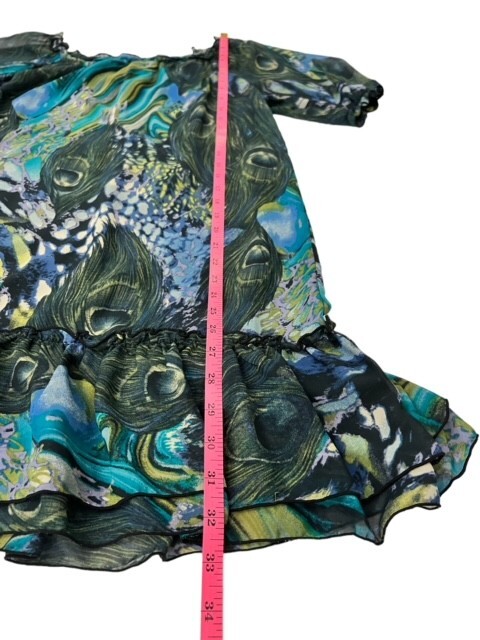 Belle Du Jour Mini Shift Dress M PEACOCK Feathers Ruffles BOHO Lined SUPER CUTE!