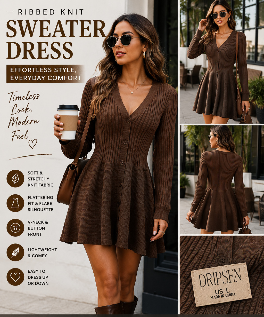 DRIPSEN Women’s Ribbed Knit Sweater Dress Large Brown Button Front Puff Hem
