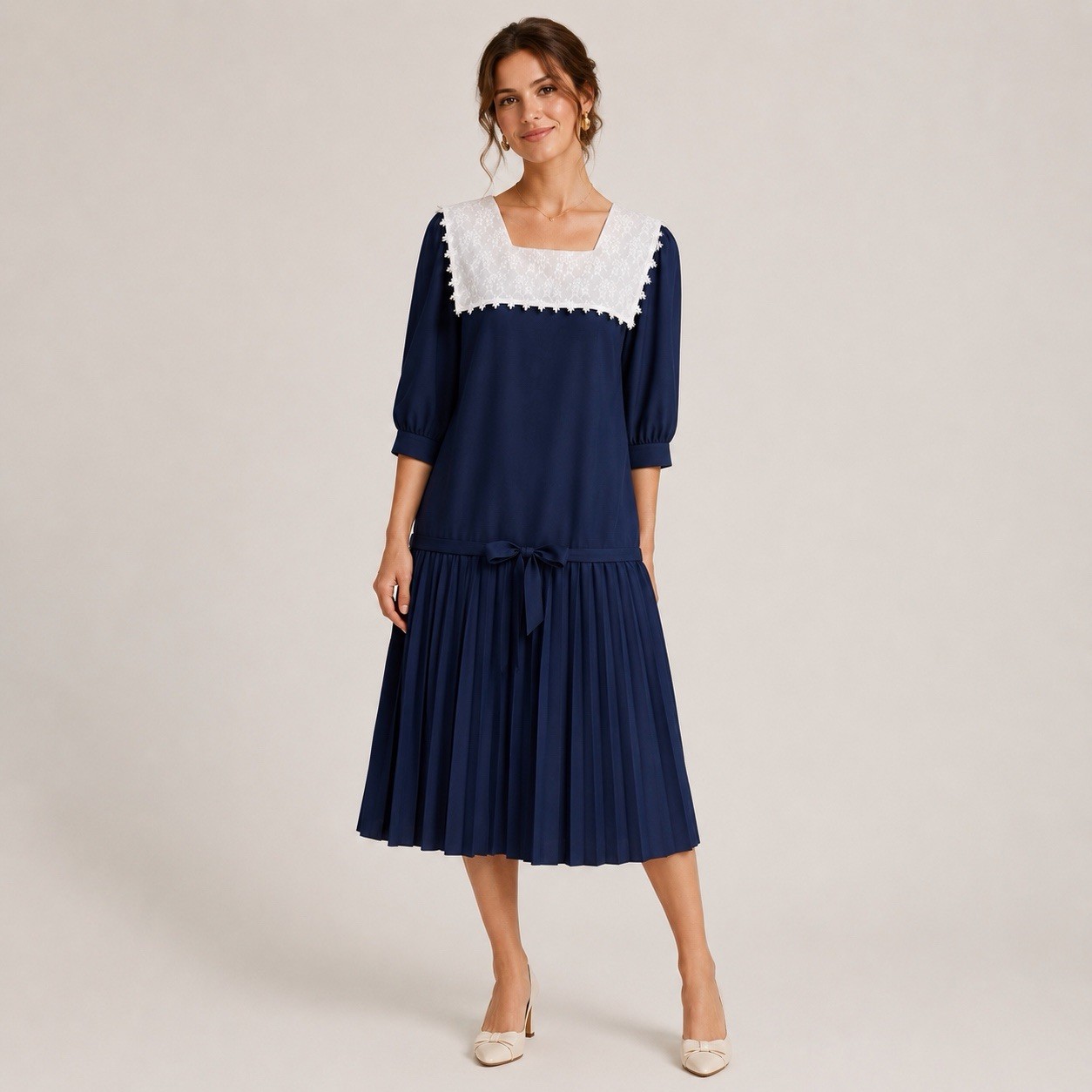 Vintage 90s Lace Sailor Collar Midi Dress Navy Drop Waist Pleated USA Made Sz 11