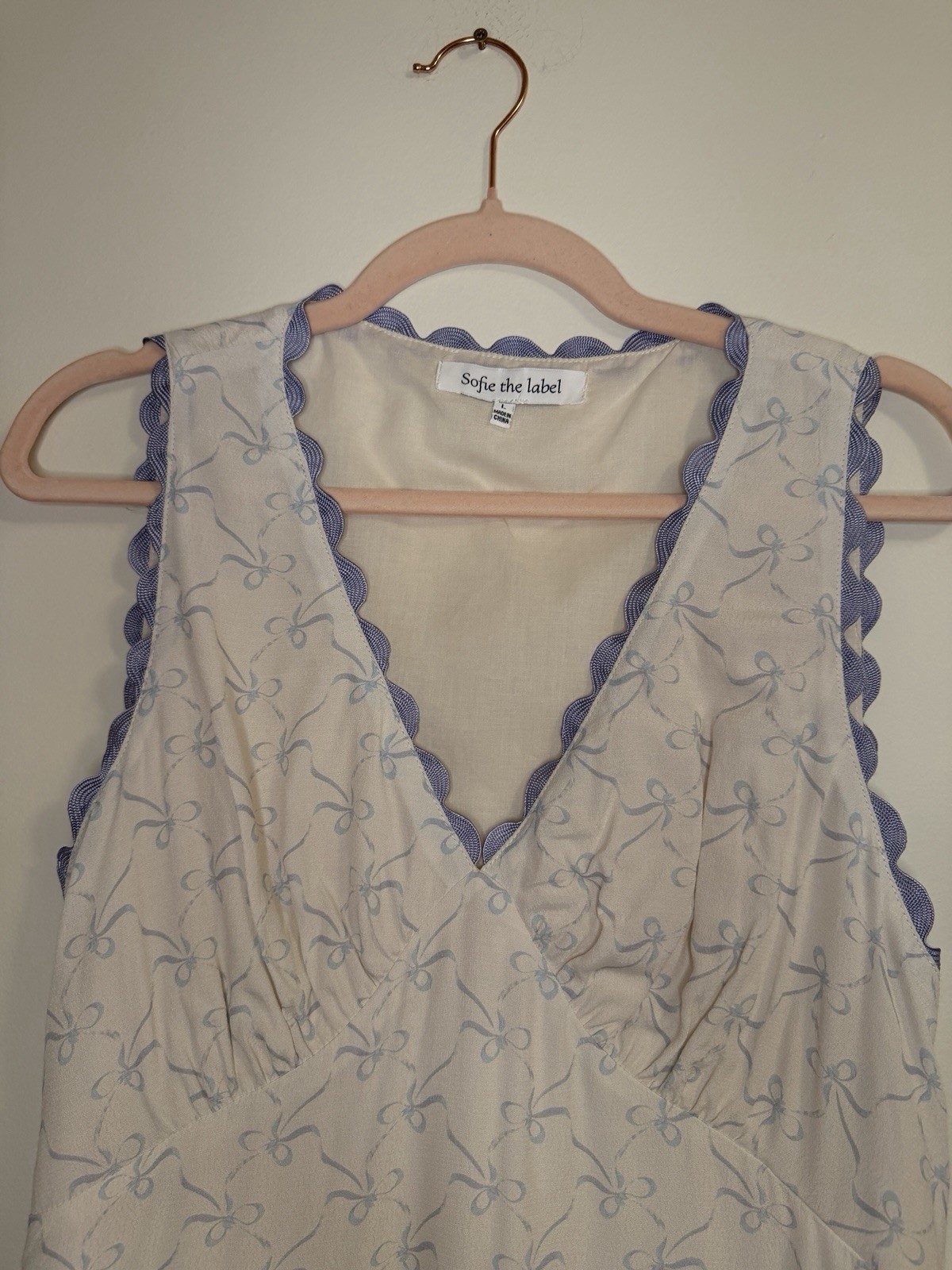 Sofie the Label Blue Bow Print Scallop Trim Mini Dress Sz Large
