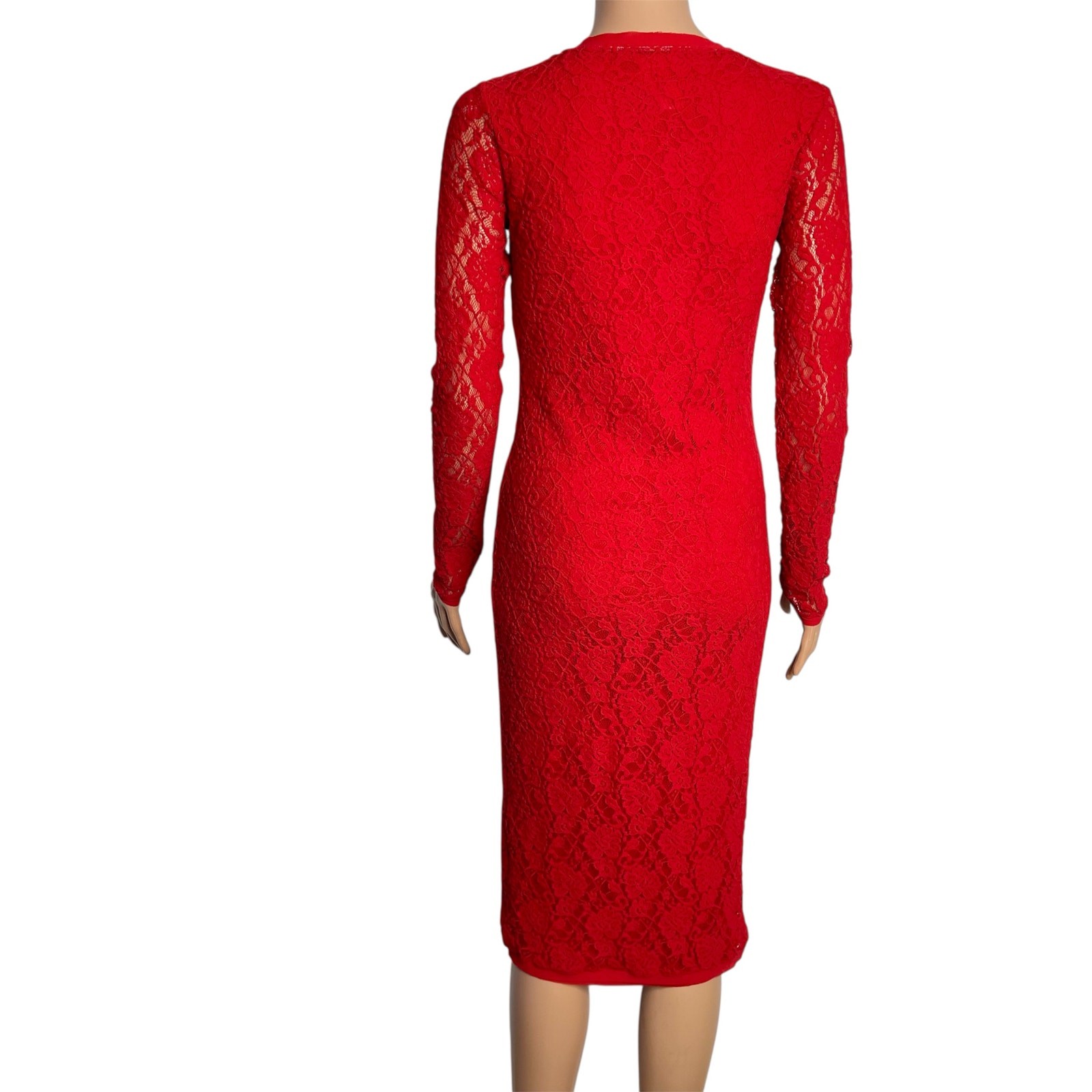 Fuzzi Long Sleeve Solid Lace Dress Midi size Large Red Bodycon