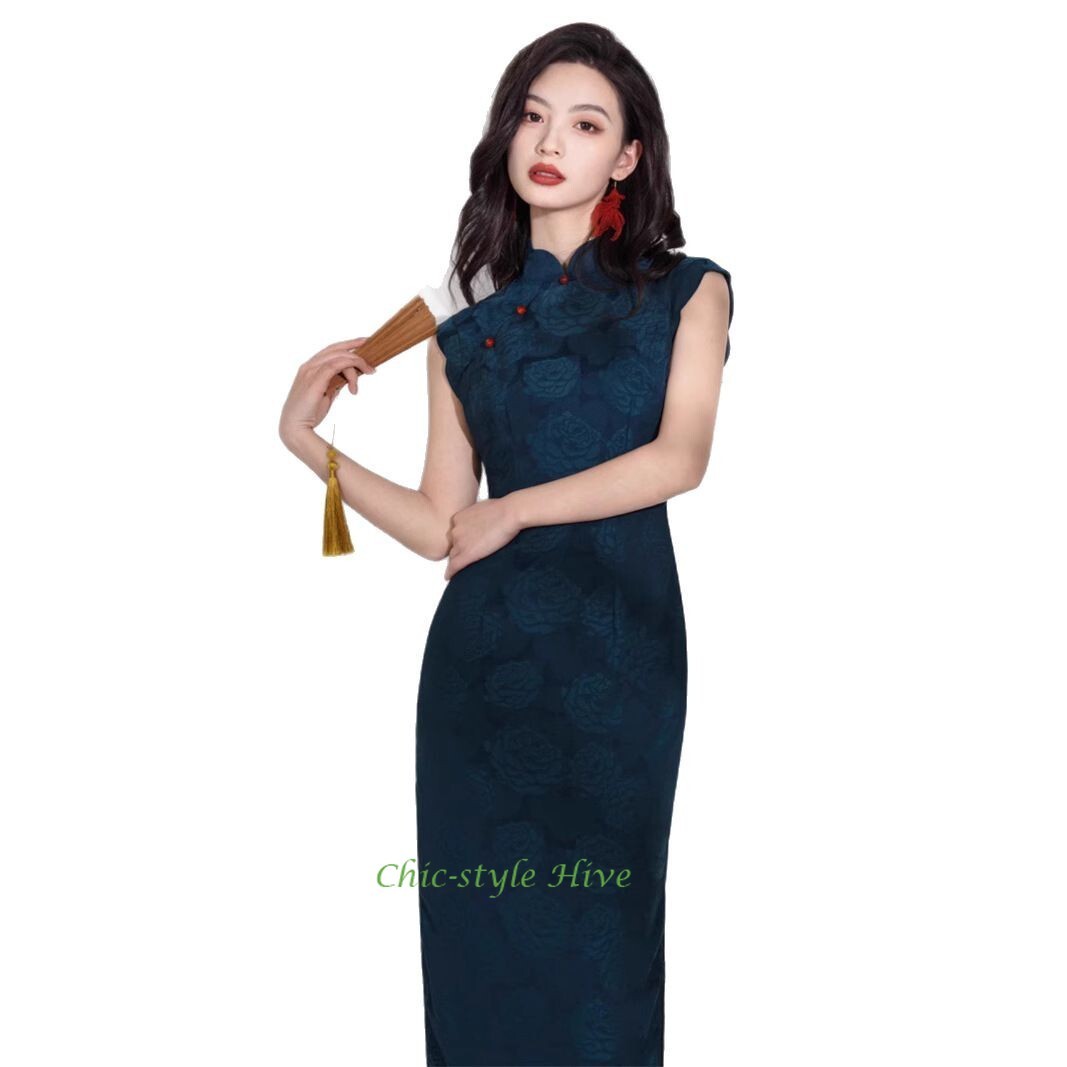 Summer Blue Jacquard Cheongsam Retro Long Style Young Slim Fit Qipao Dress