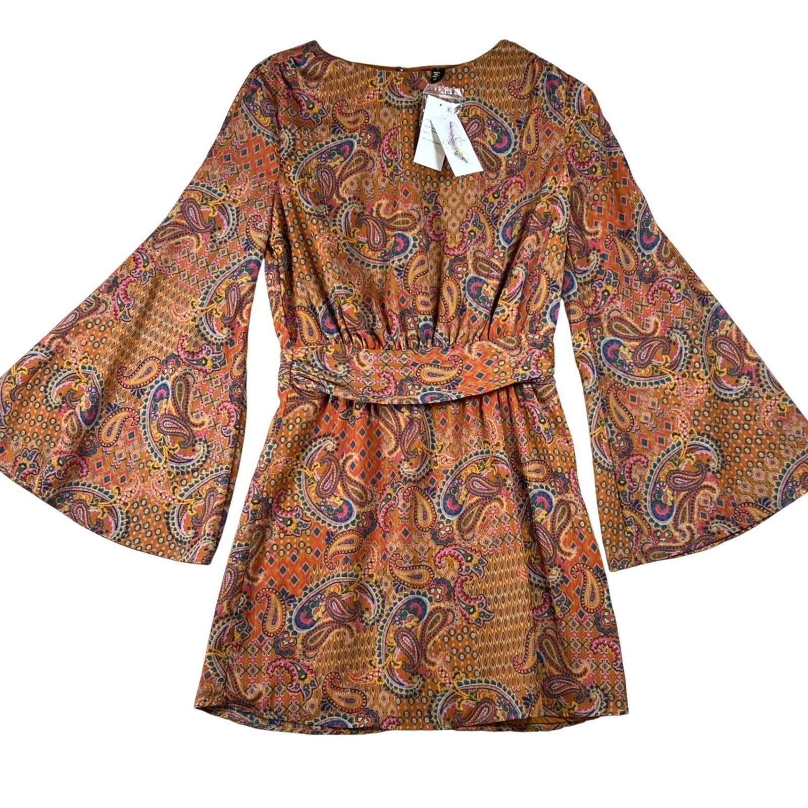 Jessica Simpson Amella Paisley Bell Sleeve Mini Dress Winding Trail Adobe Small