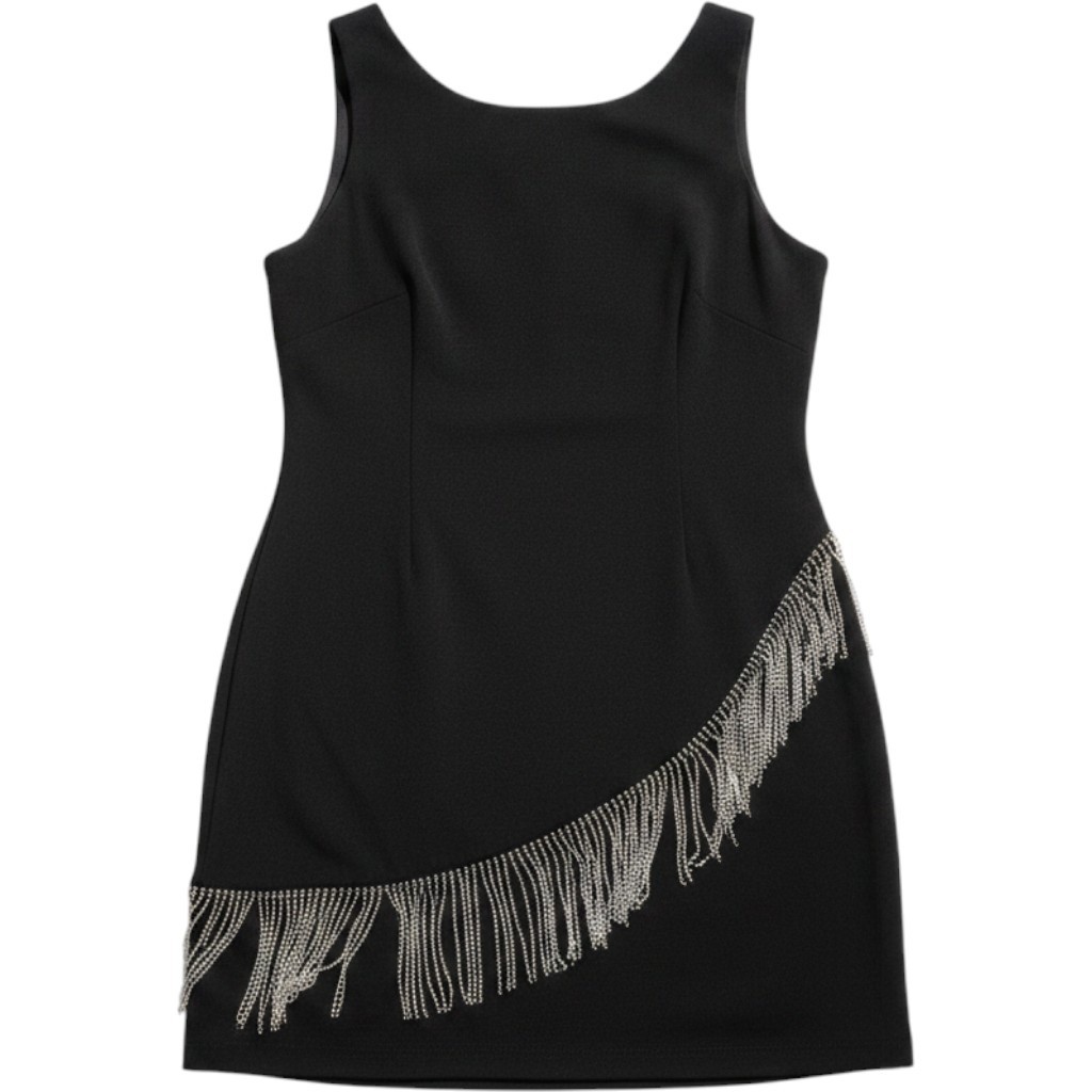Black Rhinestone Fringe Cocktail Dress Sleeveless Gatsby Flapper Size 12