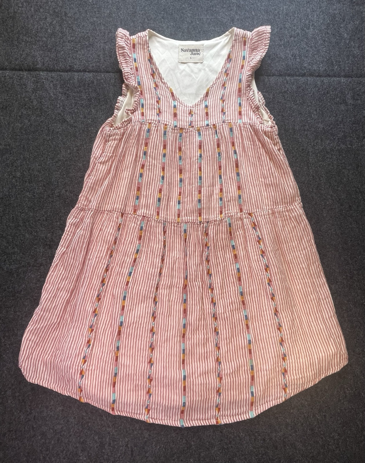 Savanna Jane Dress Embroidered Size Small Red Striped Lined Cap Sleeve Cotton