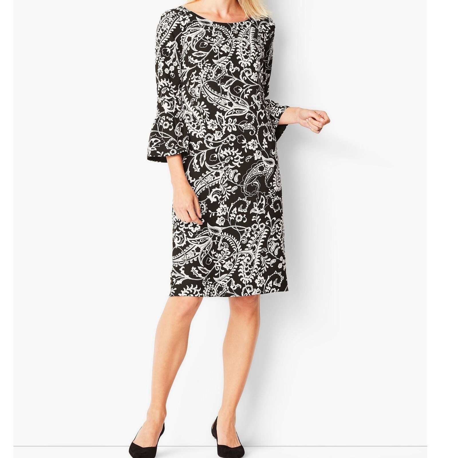 Talbots Crepe Shift Dress Womens 10P Black White Paisley Bell Sleeve Timeless
