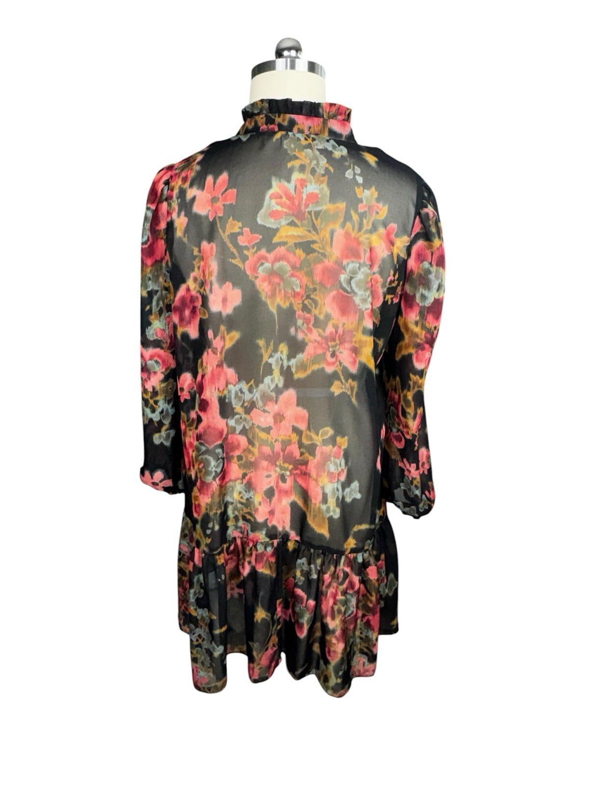 Maia Womens Size 14 Sheer Floral Chiffon Shirt Dress Button Front Ruffle Hem