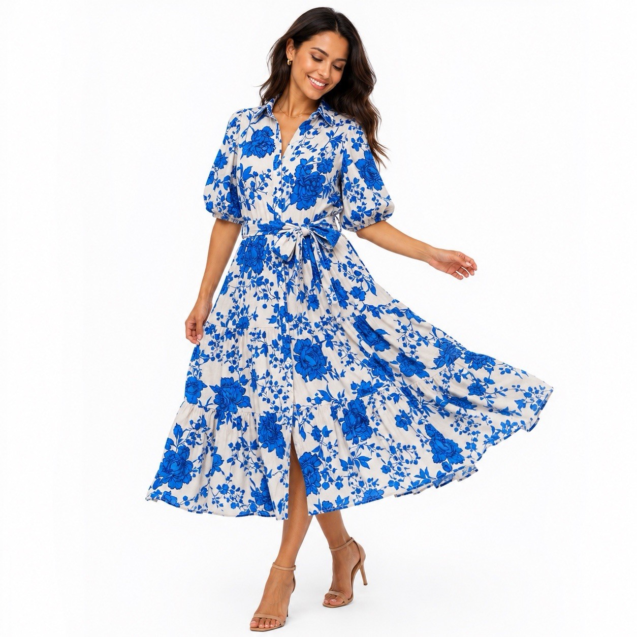 Pants Store Boho Floral Puffed Sleeve Maxi Dress Belted Blue And White Size L