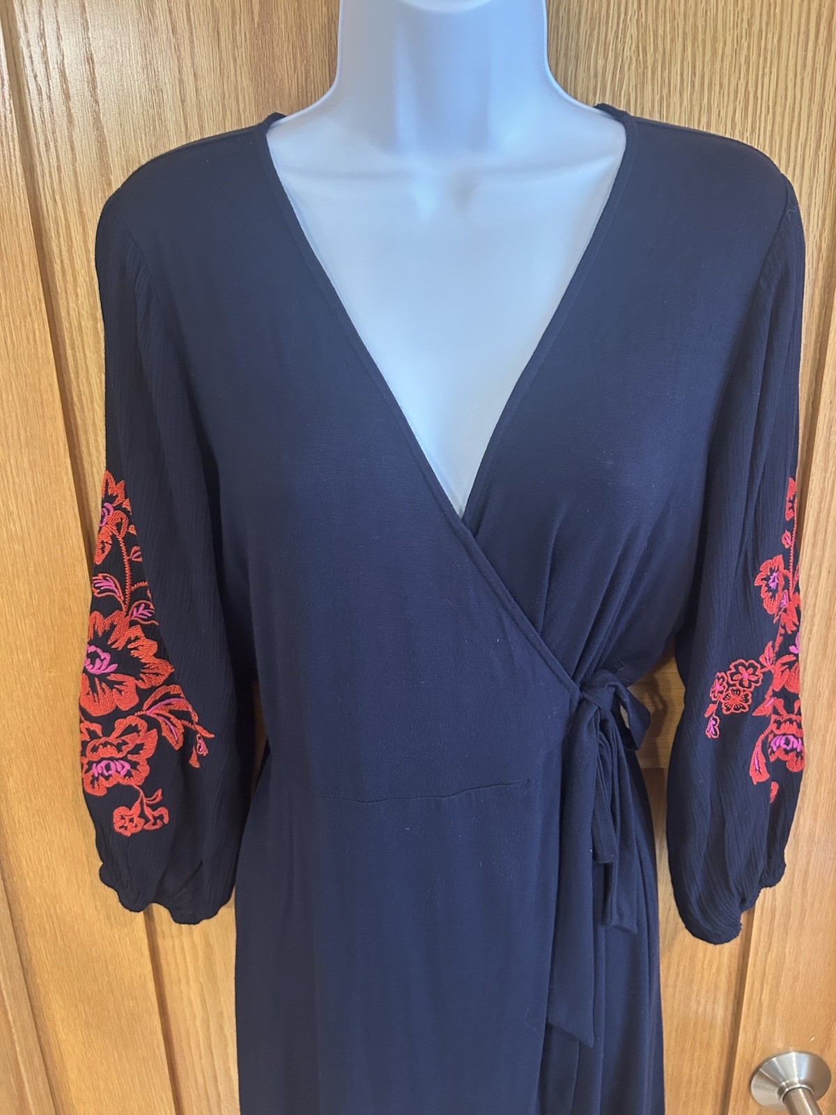NEW Stitch Fix Black Red Embroidered Faux Wrap V Neck Balloon Long Sleeve S
