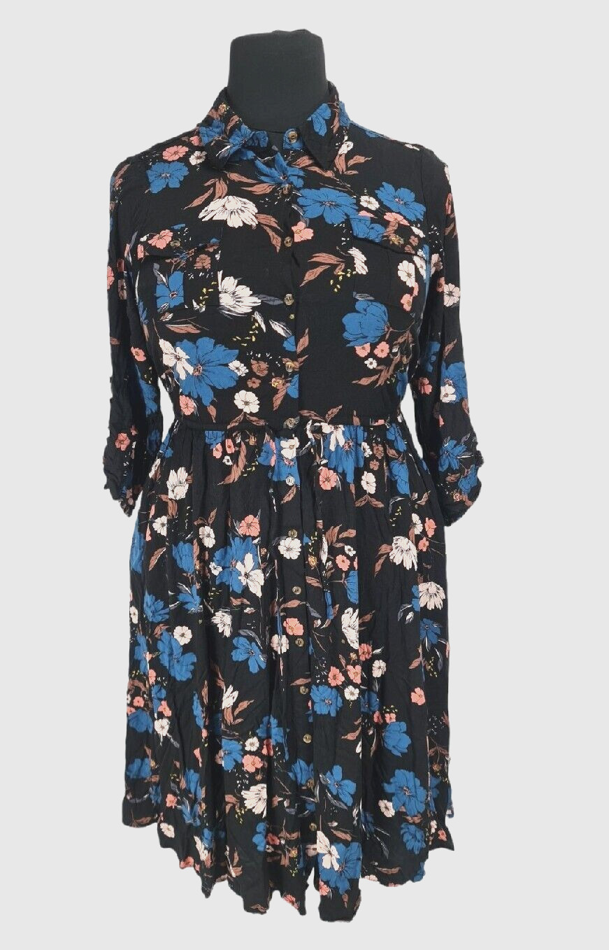 TORRID Women Button Up Shirt Dress Plus 0X Black Floral 3/4 Sleeve No Stretch