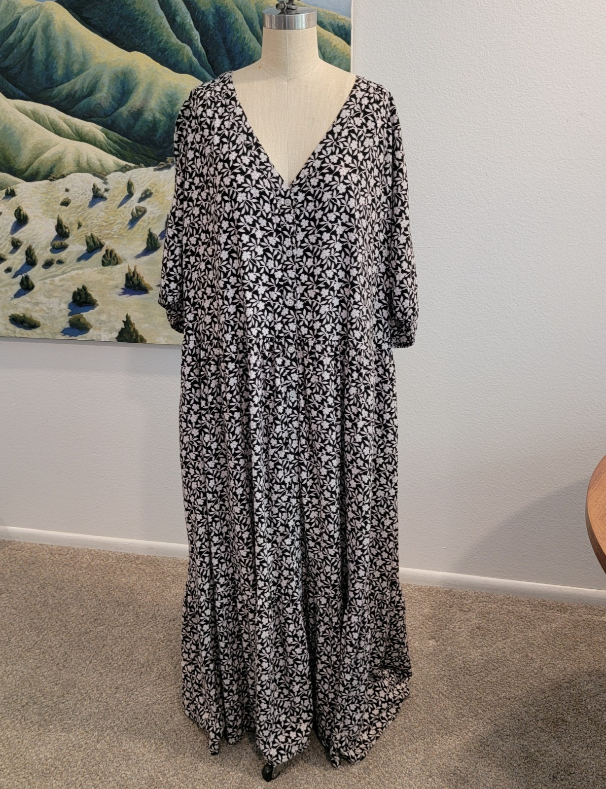 Sonoma Linen Maxi Dress 3X Dark Floral Tiered Puff-sleeve Full Button Peasant