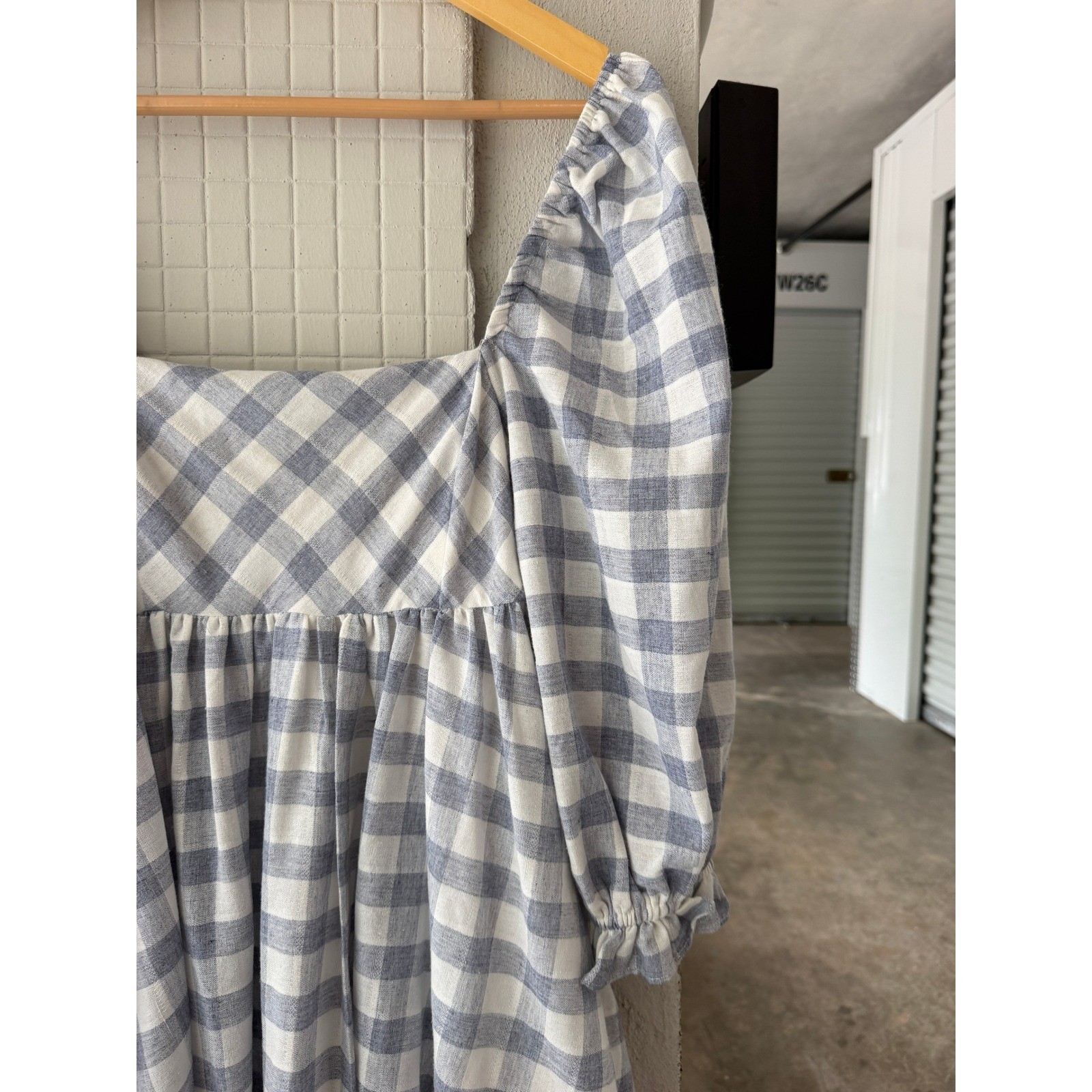 Storia Blue Gingham Puff Sleeve Babydoll Mini Dress Square Neck JD2443A Medium