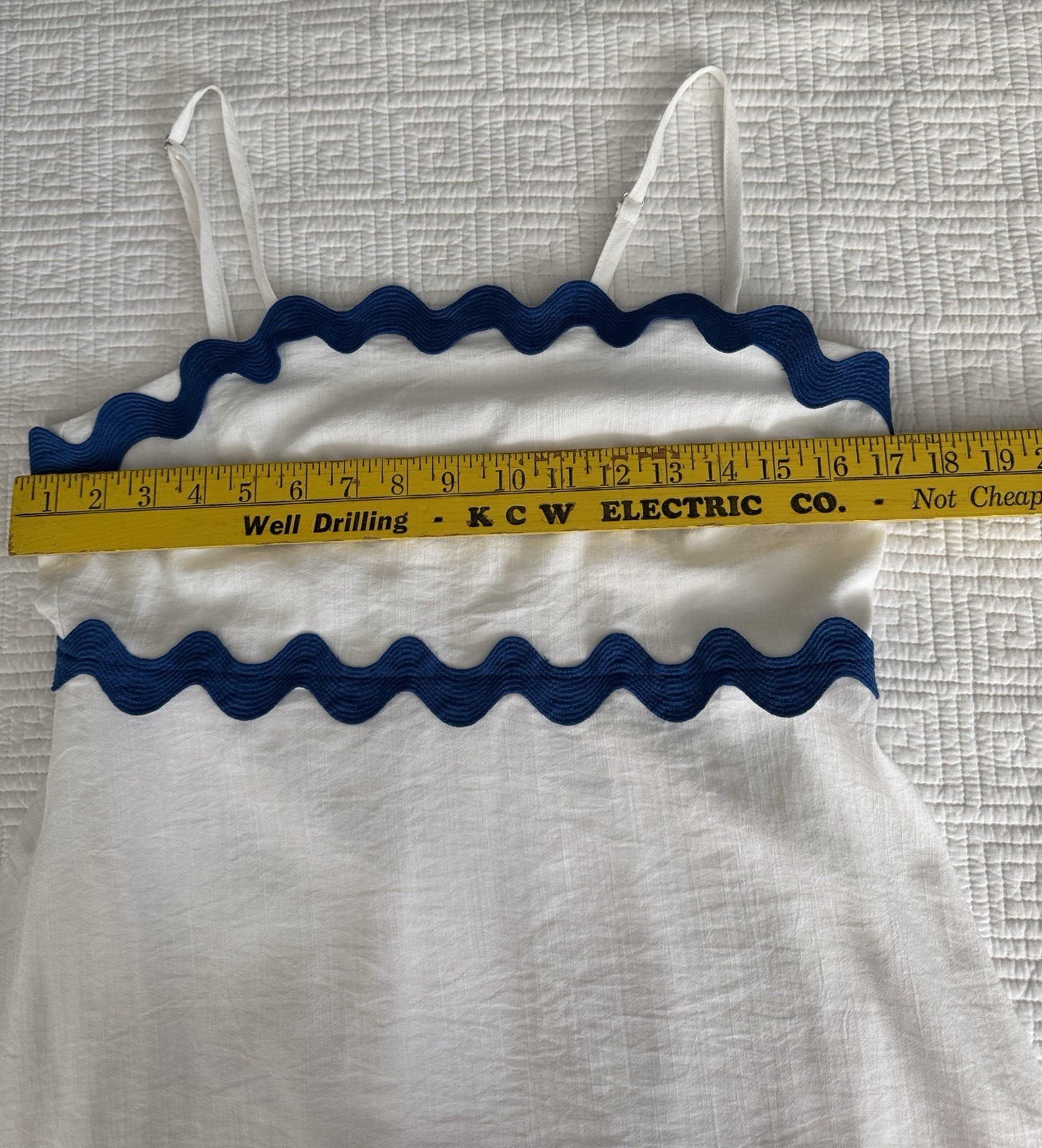 Fashion Maxi Sundress (S) Blue Zigzag Trim White Stretch Adjusting Straps Lined
