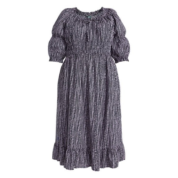 Terra & Sky Women’s Plus U pick Smocked Waist Dress Falling Dots Black Lavender