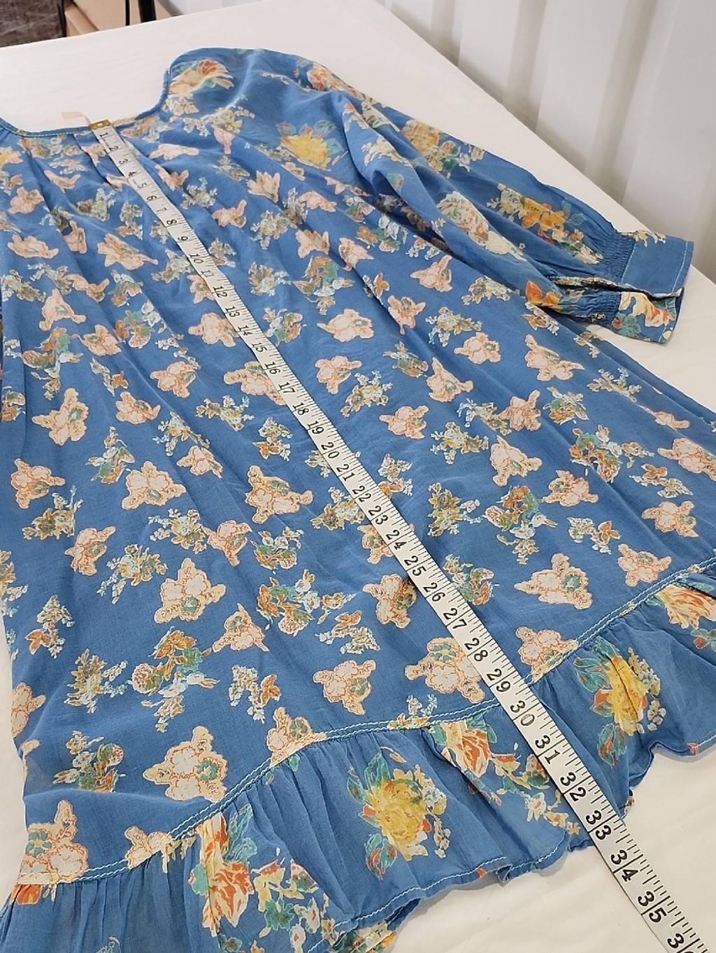 Free People Camella Blue Floral Peasant Mini Dress with Puff Sleeves Size XL