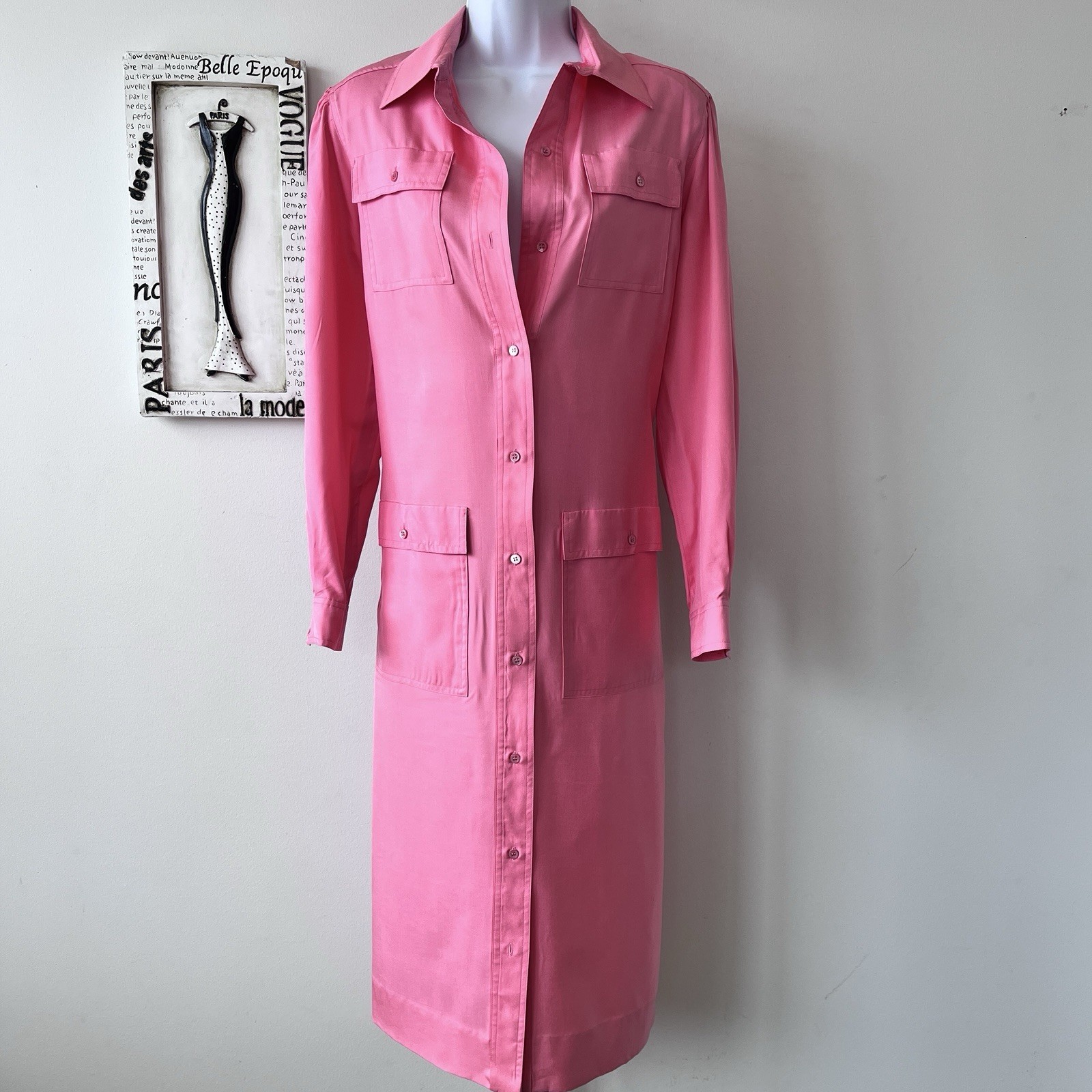 Casi Vintage Minimalist Pink 100% Silk Midi Long Sleeve Shirt Dress Sz 12