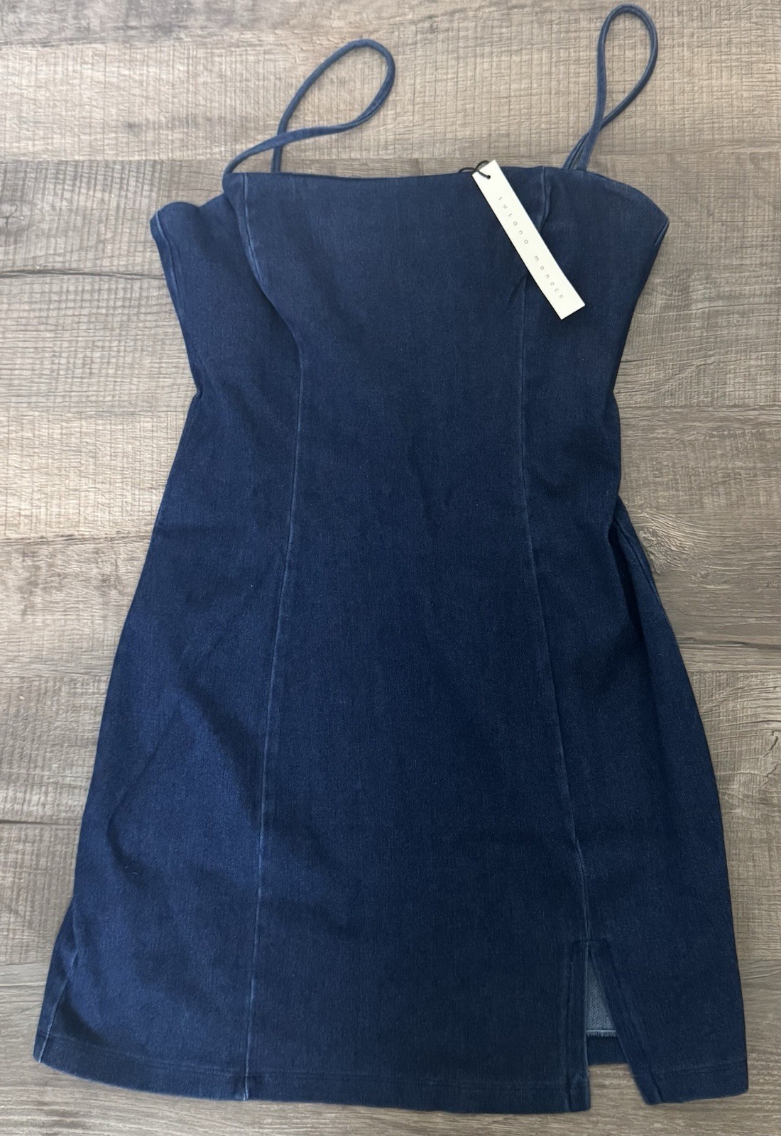 Susana Monaco Size Small Dark Denim Short Dress Front Slit Spaghetti Strap NWT
