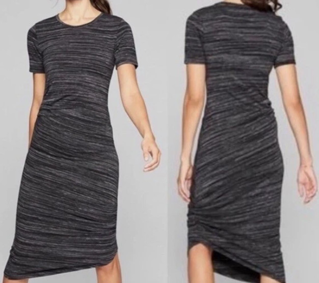 Athleta Downtown Dress M Black Gray Striped Ruched Asymmetrical Midi T-Shirt