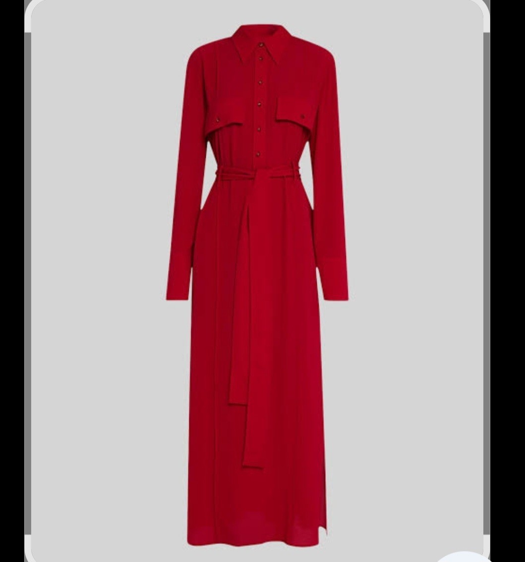 St. John Red Sz S Crepe Belted Collared Button Front Long Sleeve Maxi Dress