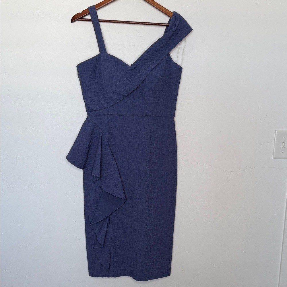 JS Collections Aerith Asymmetrical One Shoulder Cocktail Dress Blue Midi Size 6