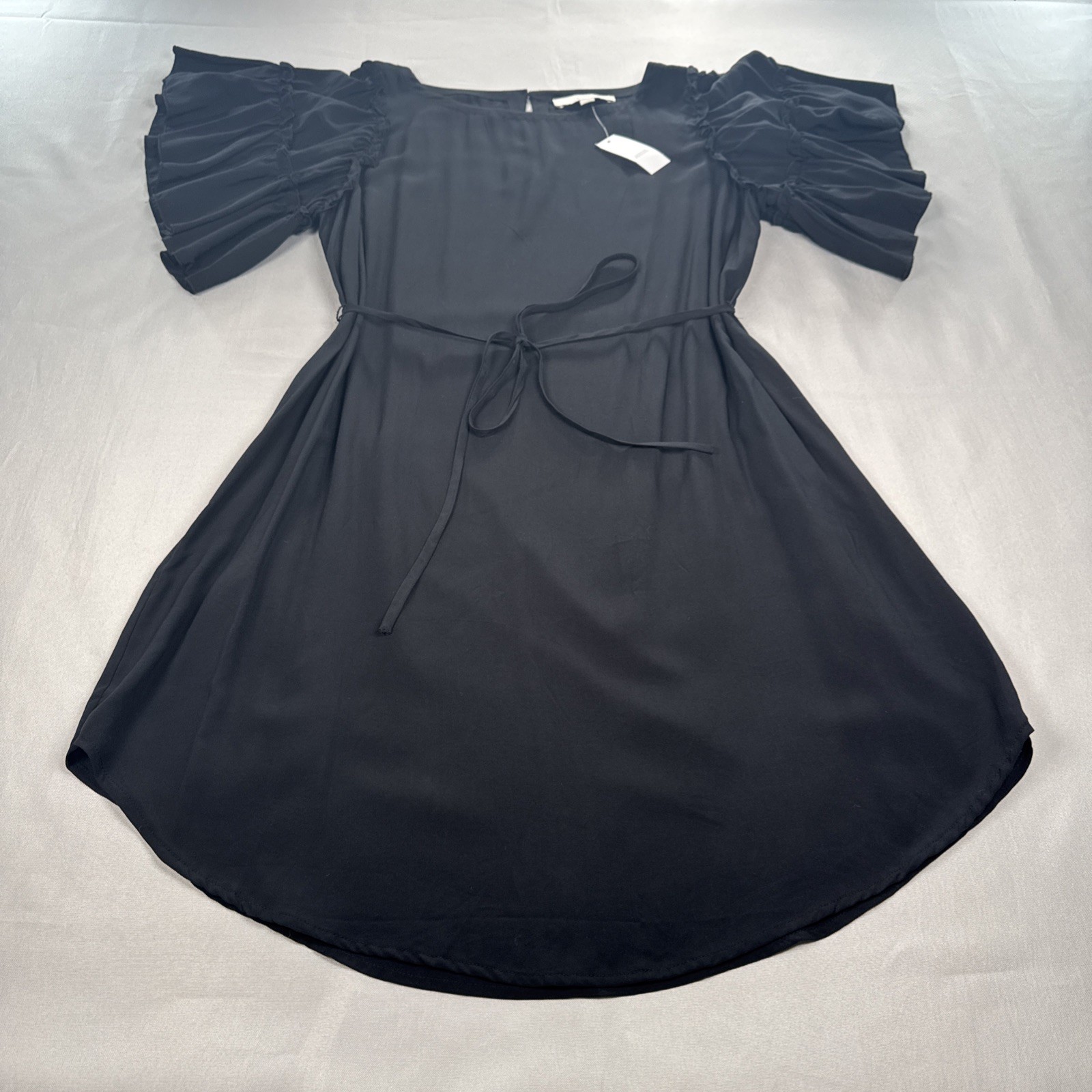 NWT LOFT Solid Black Ruffle Sleeve Tie Dress Size Medium At The Knee LBD Dressy