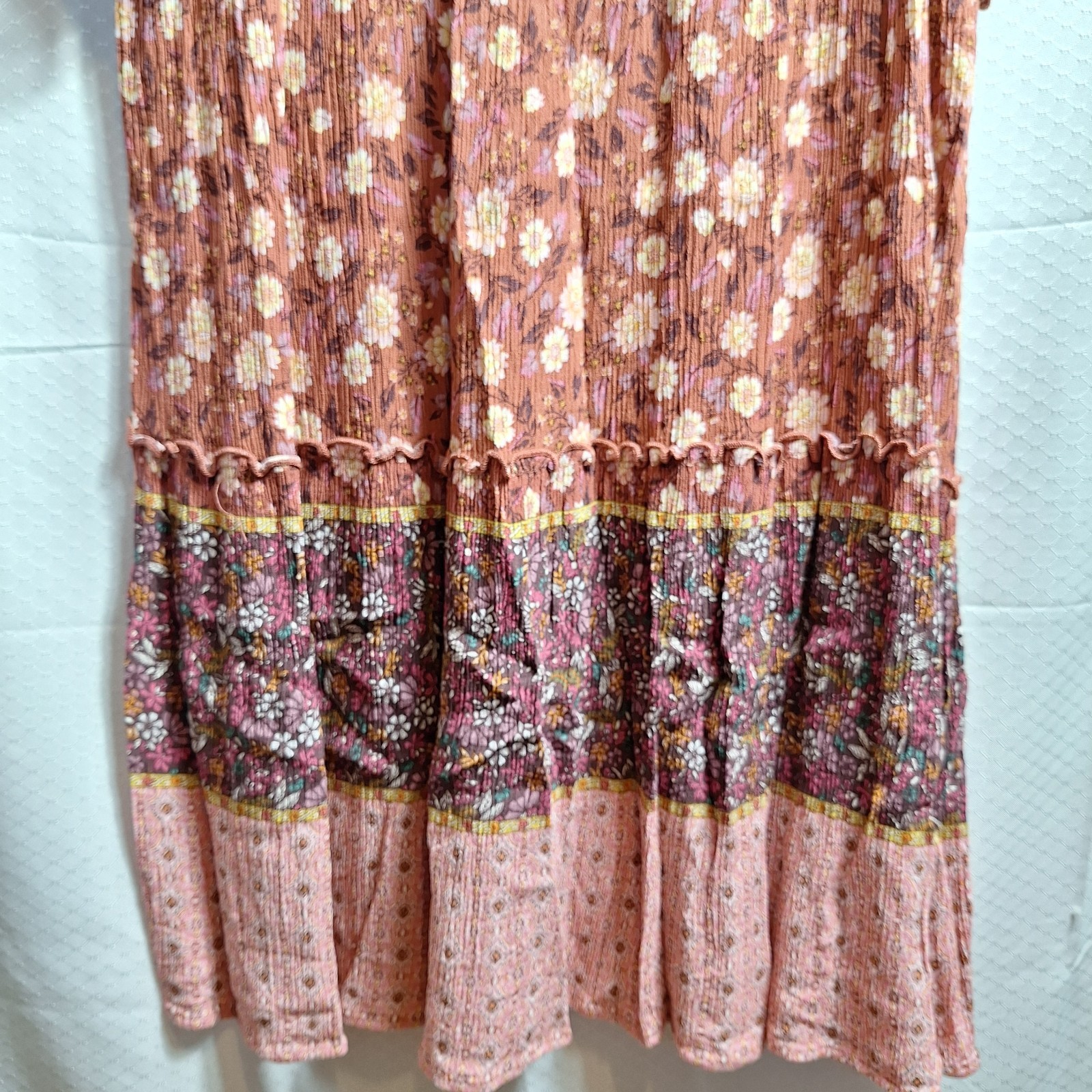 KNOX ROSE Peasant Midi Dress Sz M Rusty Orange Floral Cottagecore Prairie Boho
