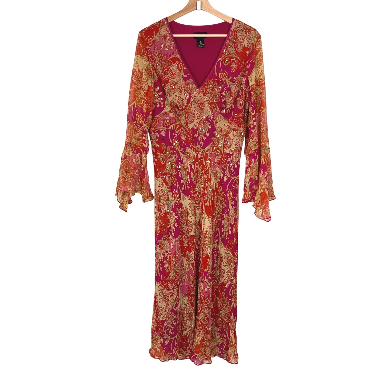 Lane Bryant Silk Paisley Sequin V-Neck Bell Sleeve Long Dress Size 16 Boho Fairy