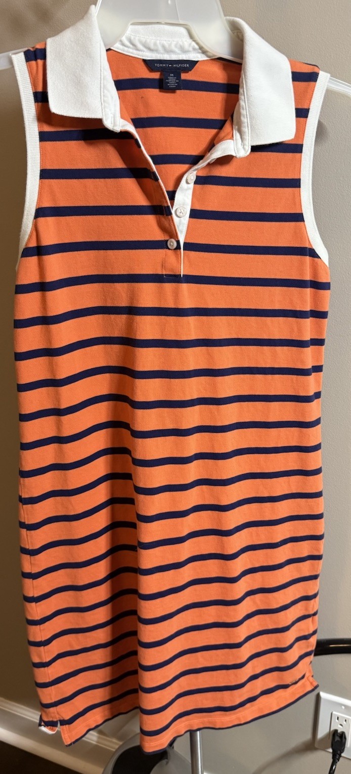❤️Tommy Hilfiger Women’s Medium orange blue Striped Slim Fit Shirt Dress Short