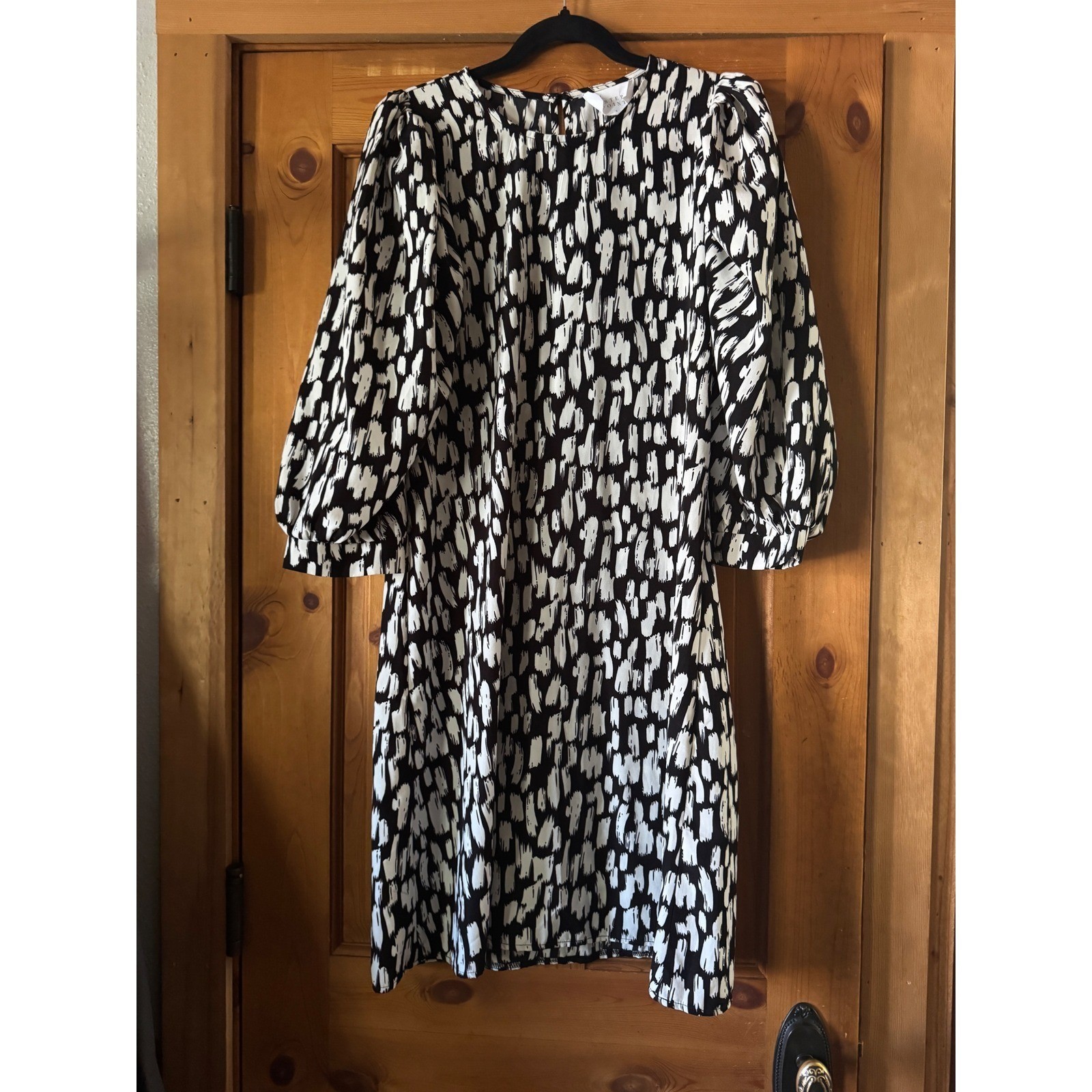 Sisters Point Black White Abstract Brushstroke Puff Sleeve Mini Shift Dress S