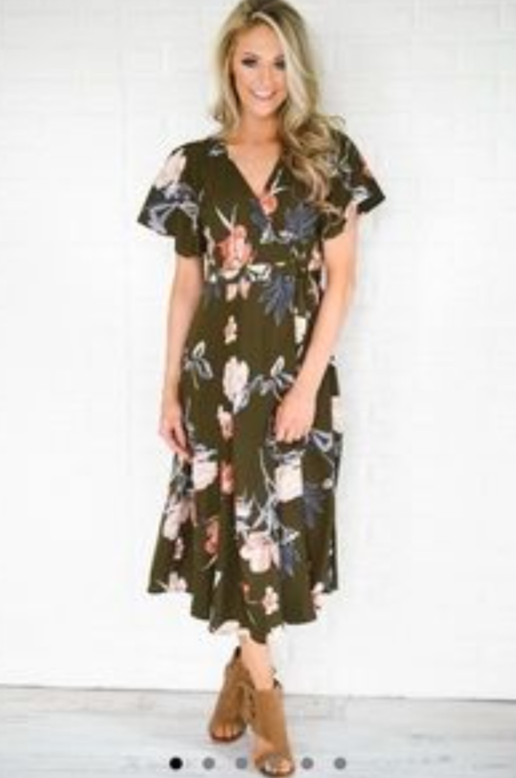 Mod Ref Maria Olive Floral Wrap Dress L Midi Cap Sleeve Cottage Western Boho 90
