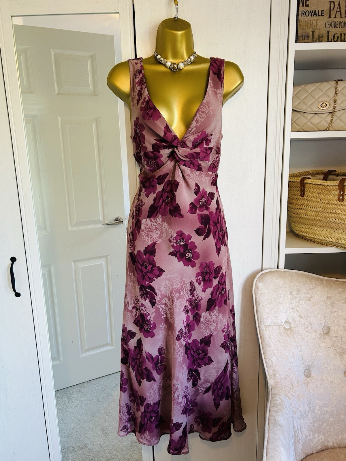Monsoon Dusky Pink Floral Silk Bias Midi Dress UK 16 Y2K 90’s