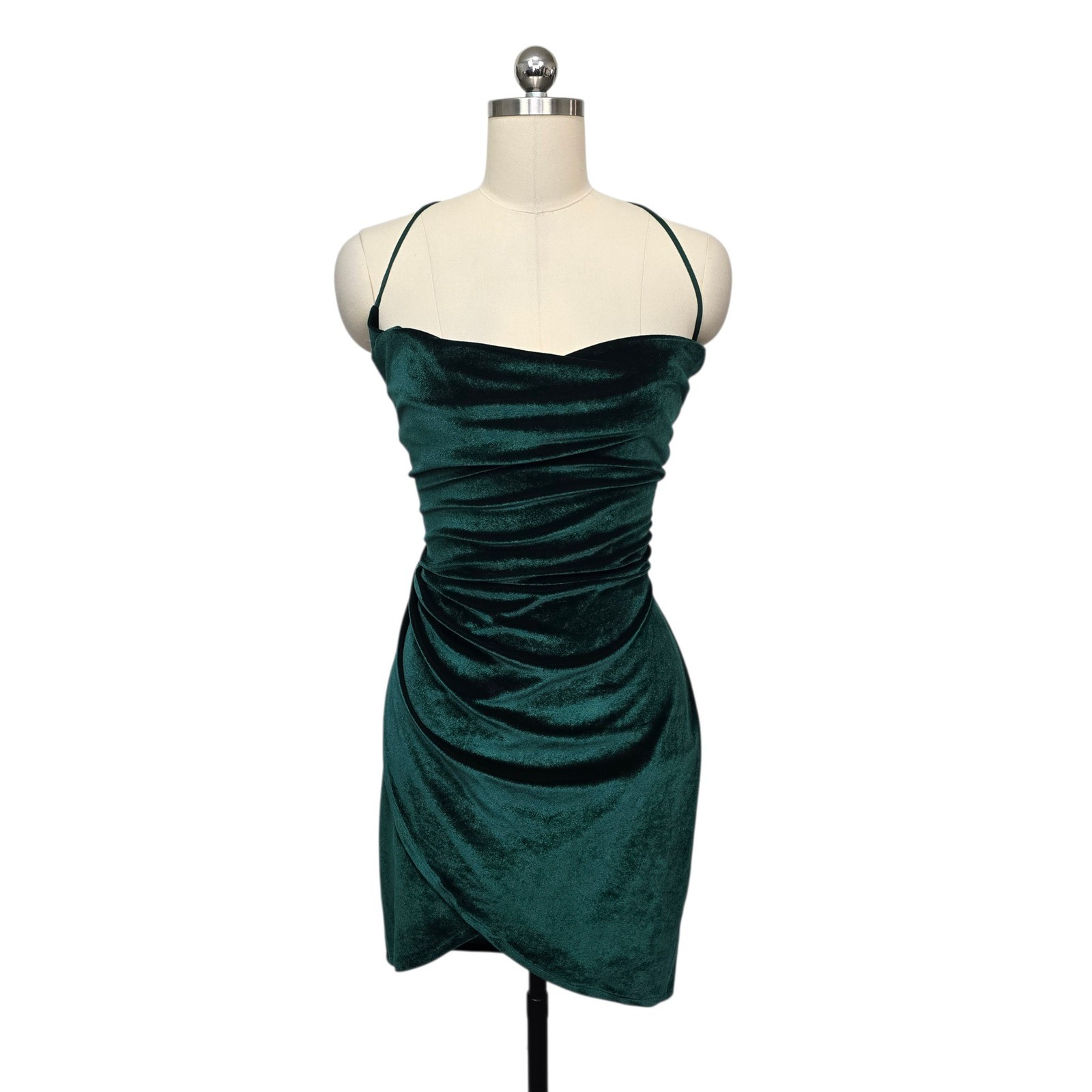 Lucy In The Sky Emerald Green Velvet Ruched Lace Up Back Mini Dress Size Large