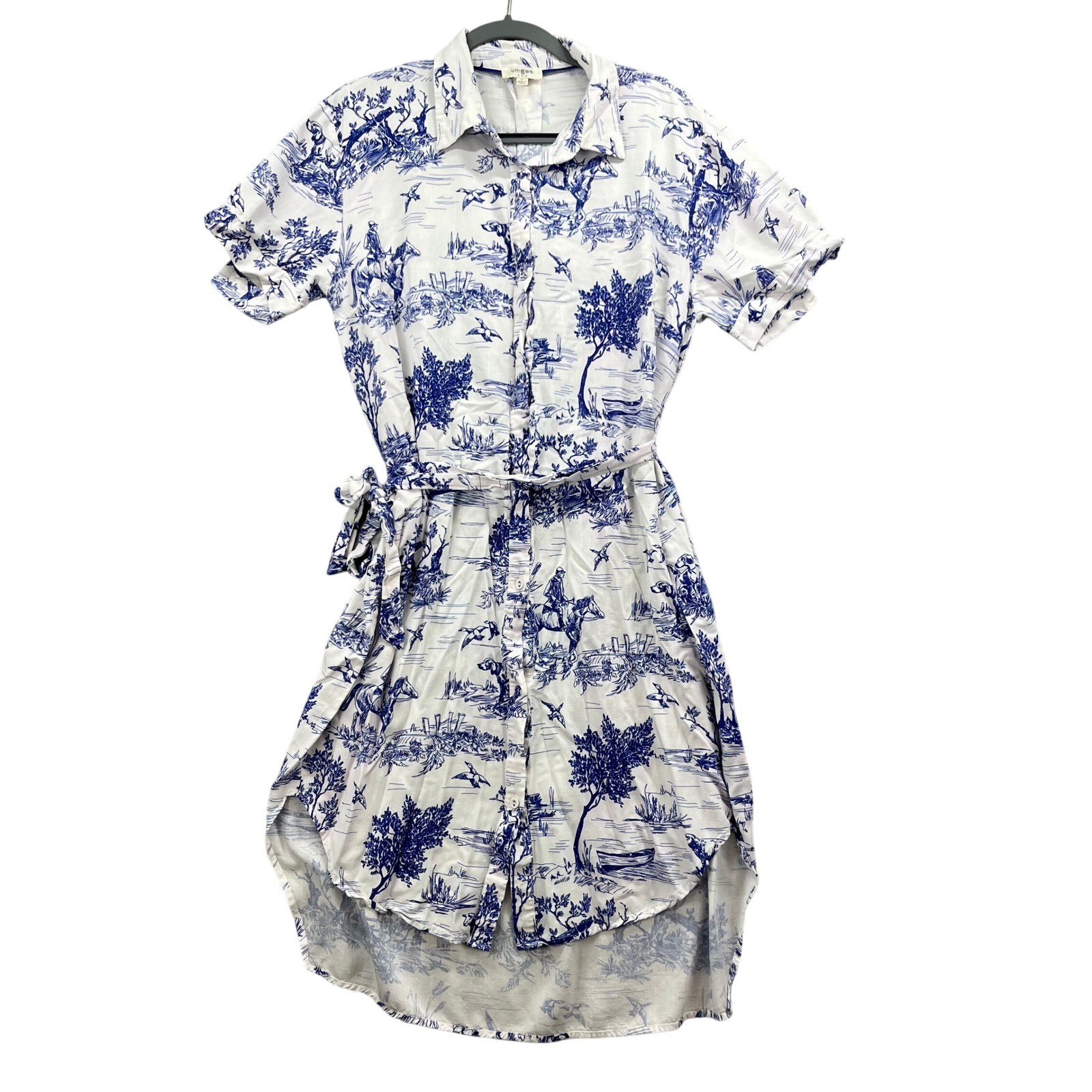 Umgee Shirt Dress Womens L Blue White Toile Equestrian High Low Grandmacore