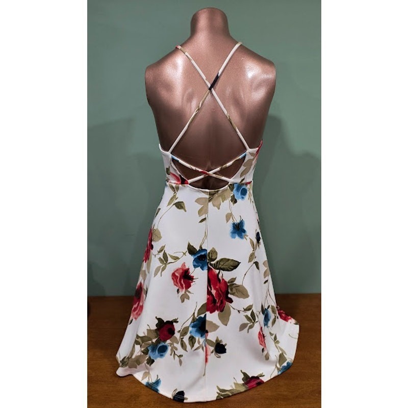 AQUA Rose Print Sundress with Crisscross Back Straps, Wht, Red, Blue, Sz S