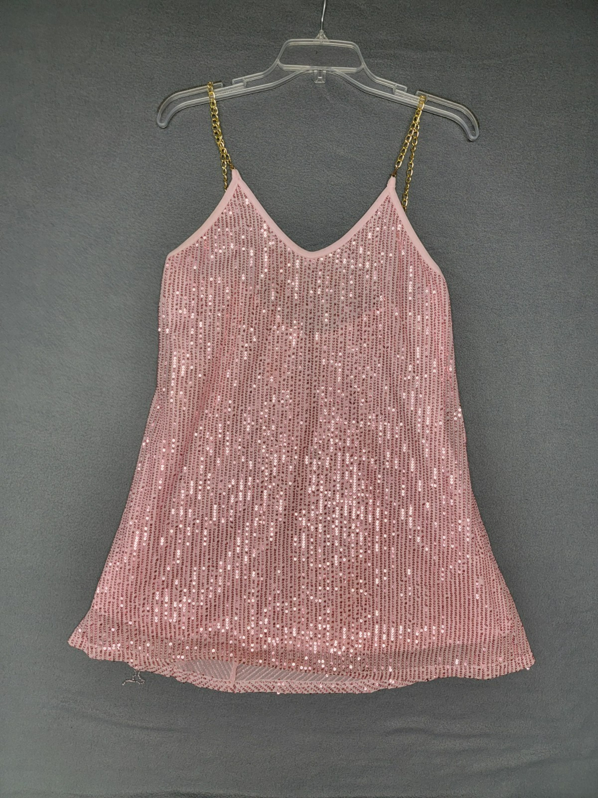 NWT~WENRINE~Chain Strap Sequin Party Dress A Night In Vegas Pink MEDIUM Lined