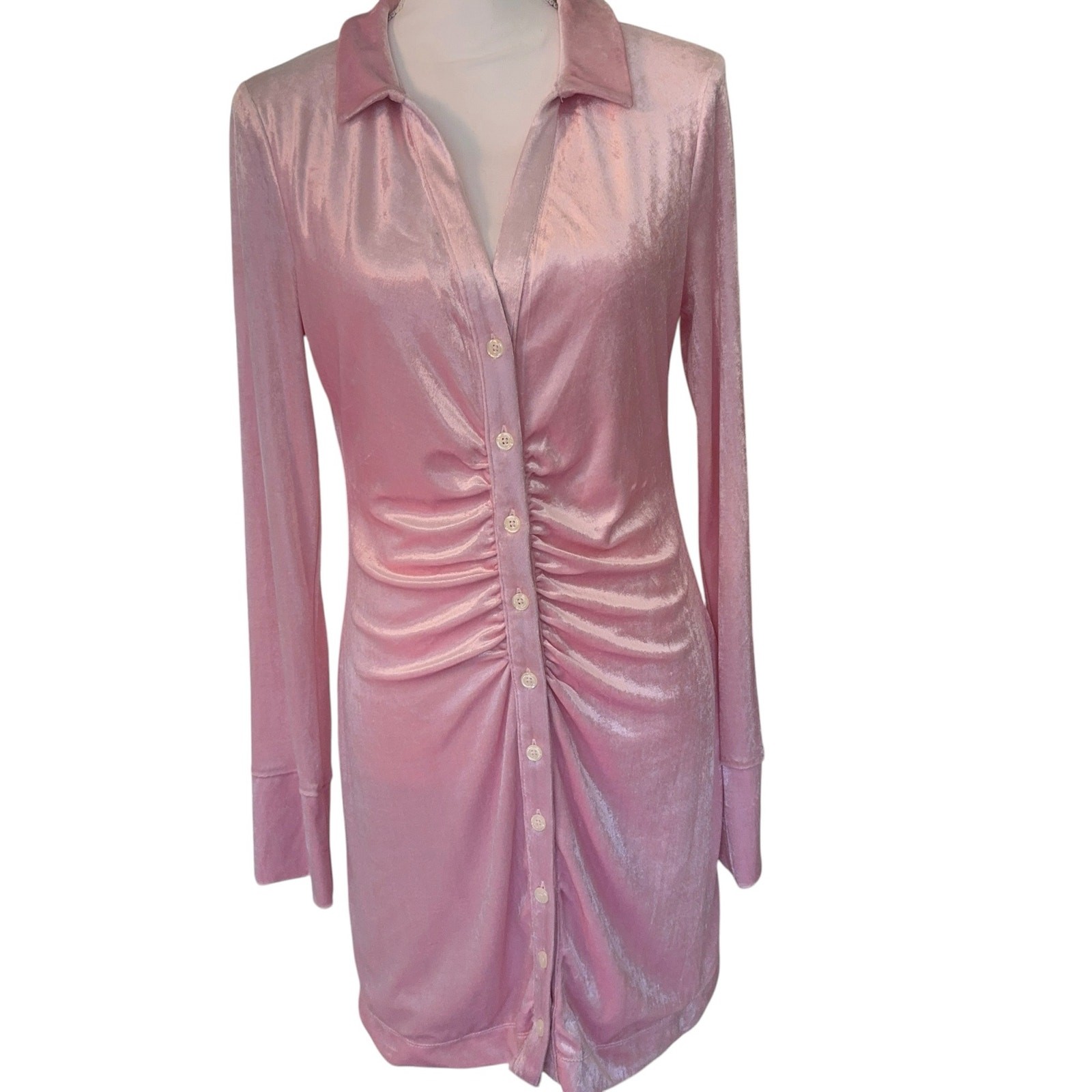Free People NWT Pink Velvet Ruched Shirt Dress Women’s Medium Button Front Dress
