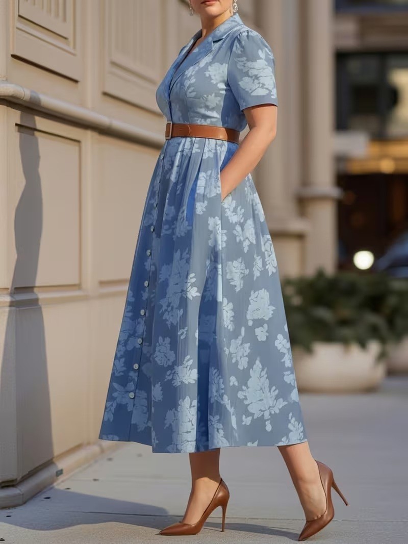 Light Blue Floral Collared Flared Dress with Pockets for Women Semi-Formal Occas