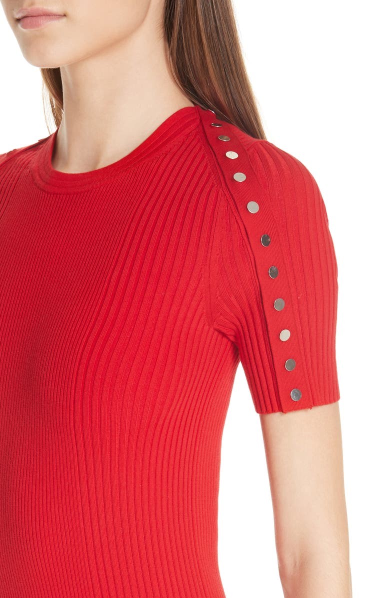 ALEXANDER WANG Snap Short Sleeve Ribbed Knit Bodycon Midi Dress, XS Red
