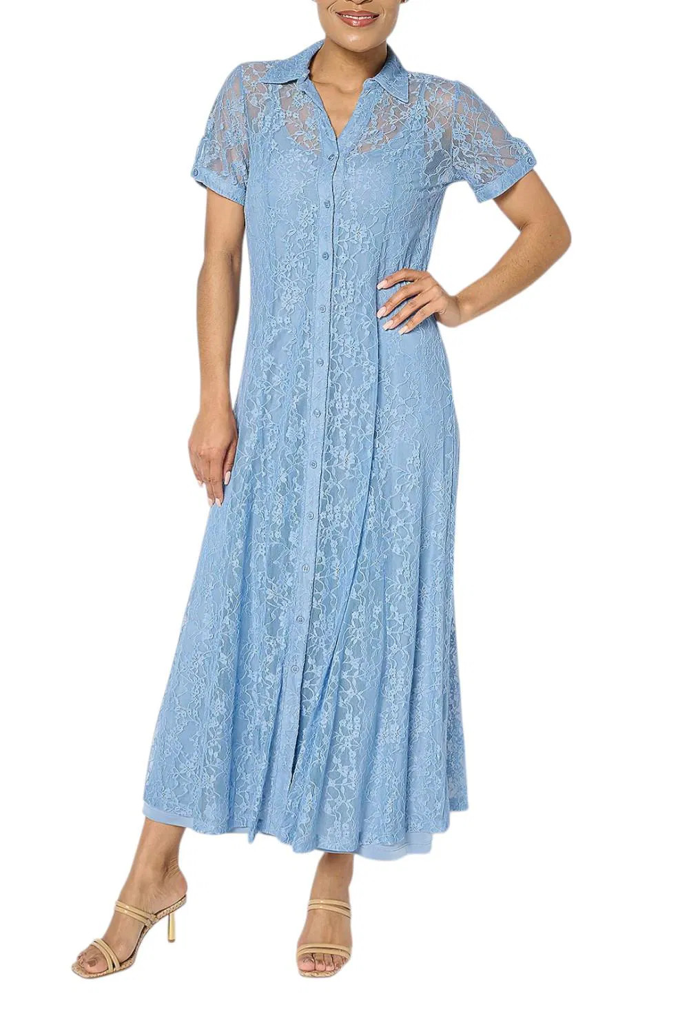 Susan Graver Women’s Stretch Lace Button Front Midi Dress Blue