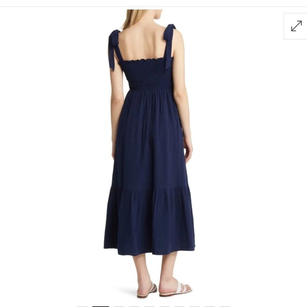 Caslon Smocked Tie Strap Cotton Gauze Midi Sundress Women 1X Blue Boho Tiered