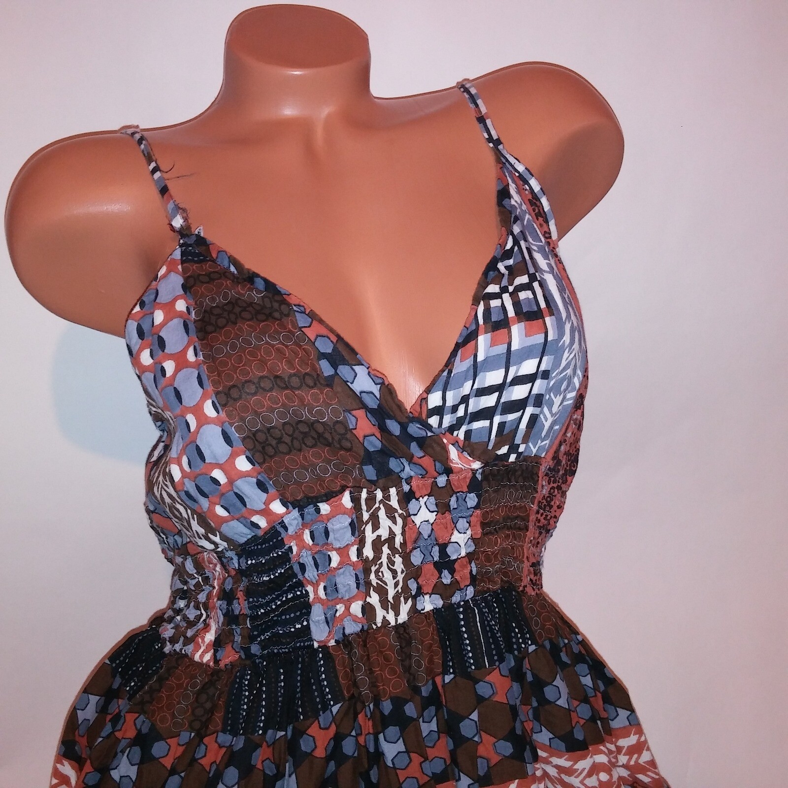 K Trixx Sun Dress Maxi Large Brown Blue White Smocked Sleeveless